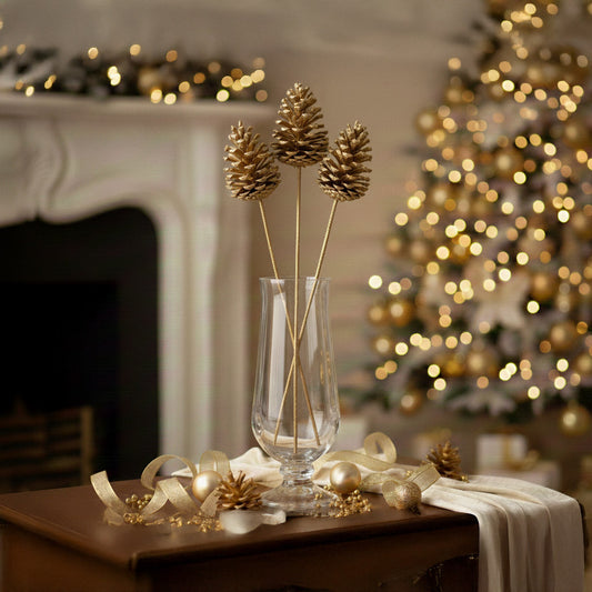 Pomme de pin sur tige dorée, décoration naturelle de Noël - Flowrette