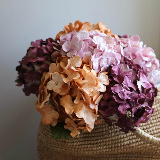 Bouquet fleurs en papier hortensia d'automne, composition tons chauds automnaux - Flowrette