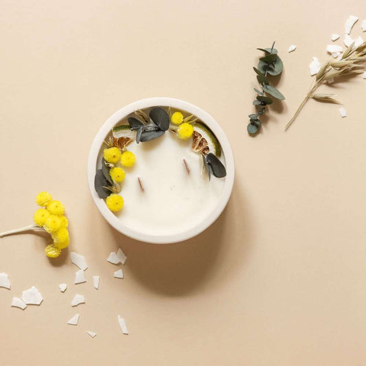 Kit DIY bougie fleurie Immortelle et eucalyptus, contenu du coffret - Flowrette