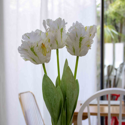 Tulipe perroquet blanche artificielle, vue de profil sur tige verte - Flowrette